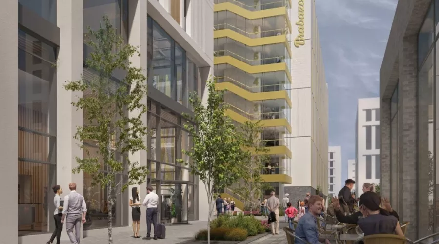 CGI of a modern urban street view at Brabazon, with several people walking and sitting at outdoor café tables.