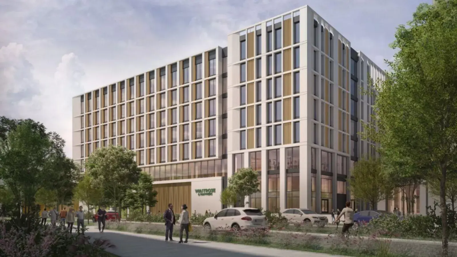 CGI of One Brabazon Gateway - a modern multi-storey building with large windows, surrounded by trees and pedestrians on a sidewalk. 