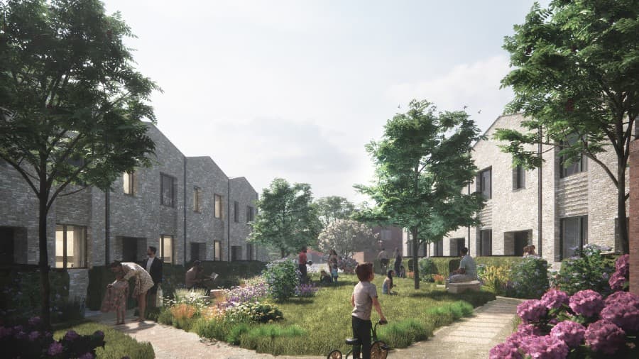 Rendered image of people enjoying the communal gardens and living streets at Brabazon in Bristol