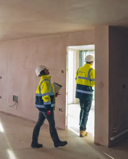 Two YTL Developments employees walking through an unfinished building