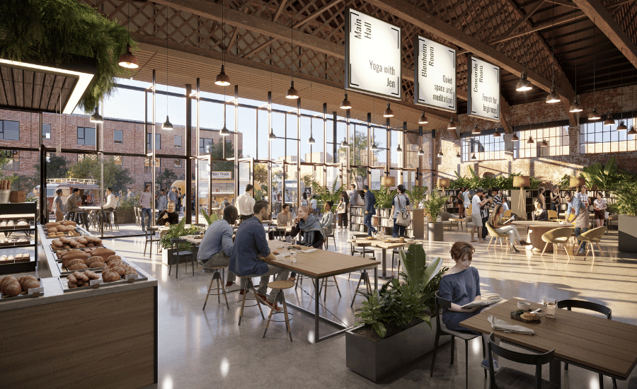 CGI rendering of the busy cafe and social space at Hangar 16U after the restoration