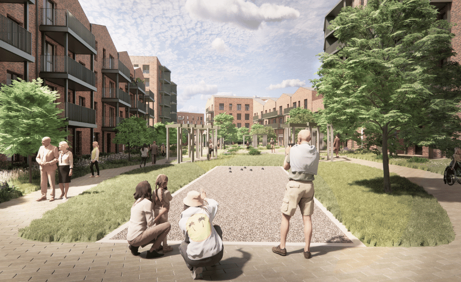 CGI rendering of people enjoying the landscaped gardens at the new retirement homes planned for Brabazon, Bristol