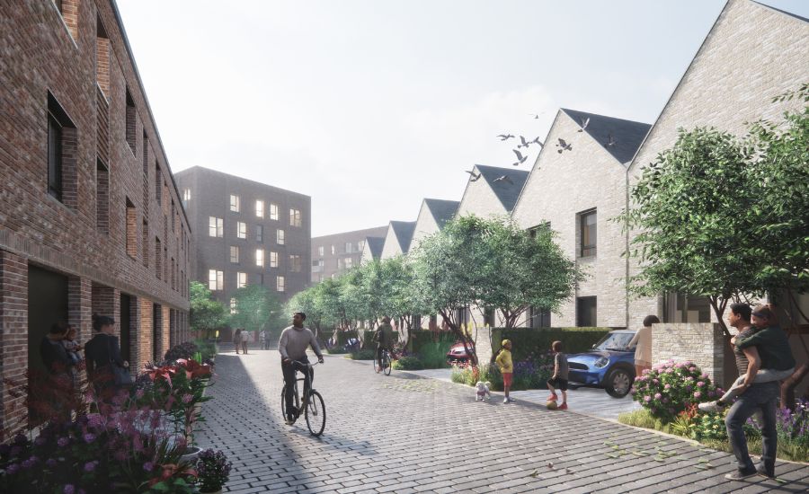 Rendered image of people walking and cycling along the new streets proposed for Brabazon in Bristol